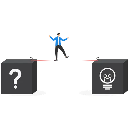 Businessman Walking On Tightrope From Box With Question Mark To Box With Bulb Mark Symbol Finding A Solution For Success Illustration Illustration