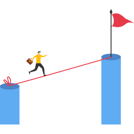 Businessman walking on tightrope towards success target  Illustration