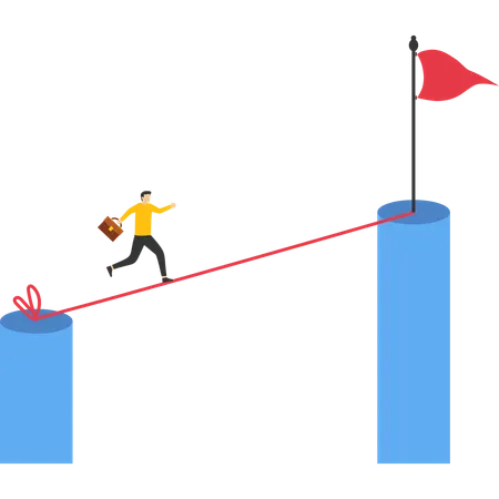 Businessman walking on tightrope towards success target  Illustration