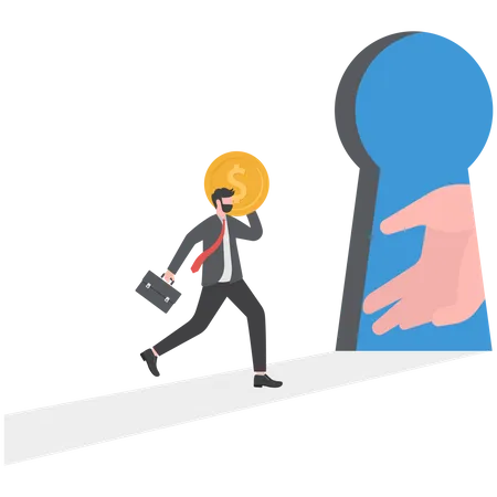 Support For New Opportunities Job Career Promotion Businessman Walking Through The Giant Keyhole Illustration