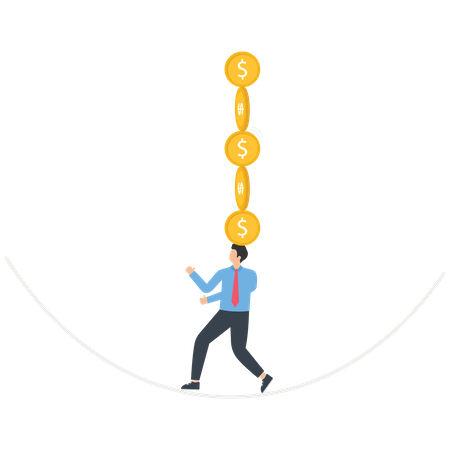 Businessman walking tightrope with gold coins  Illustration