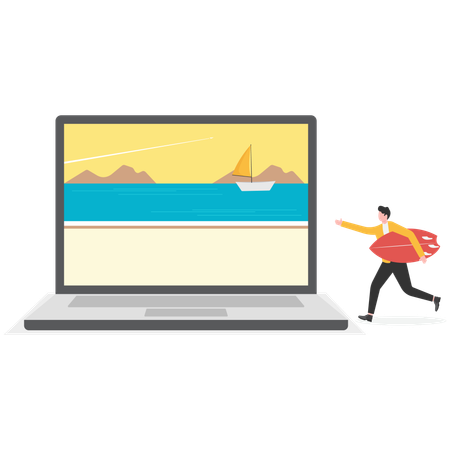 Businessman walking towards laptop holding surfboard  Illustration