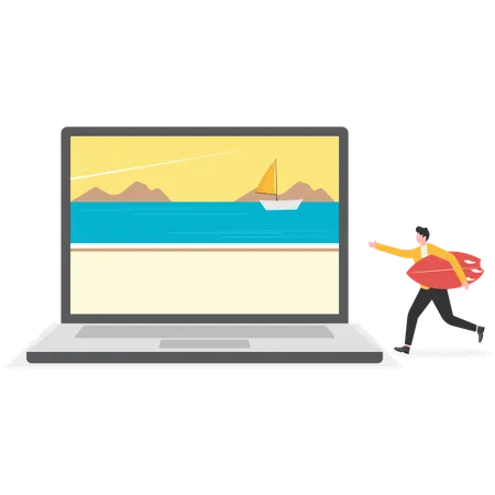 Businessman walking towards laptop holding surfboard  Illustration