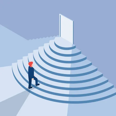 Flat 3 D Isometric Businessman Walking Up Staircase To The Door With Bright Light New Opportunities And Career Success Concept Illustration