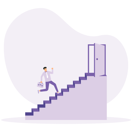 Businessman walking up stairs towards luminous door  Illustration