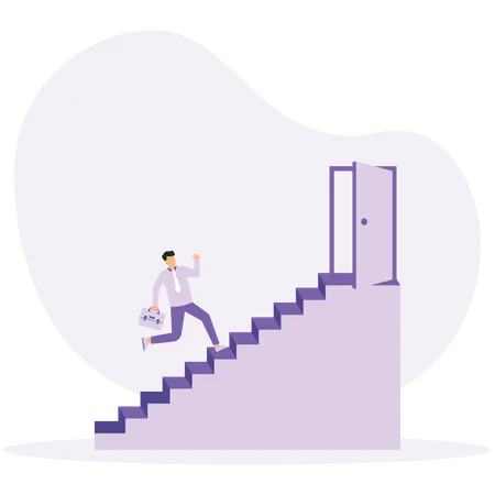 Businessman walking up stairs towards luminous door  Illustration