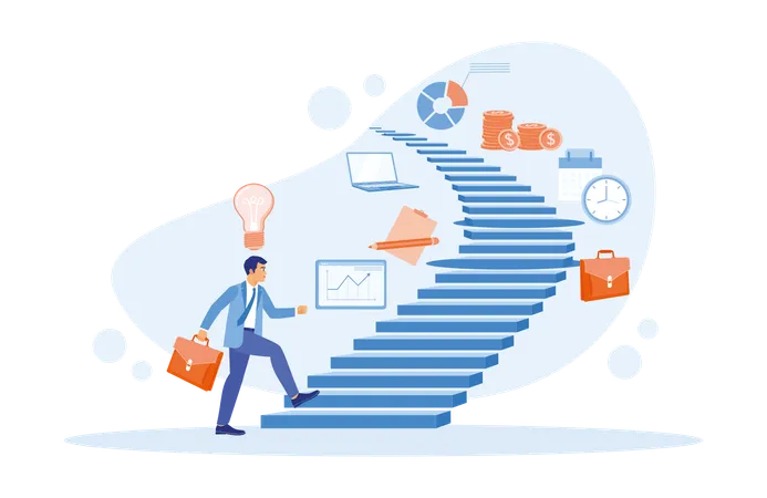 Businessman Walking Up Stairs With New Business Idea To Succes  Illustration