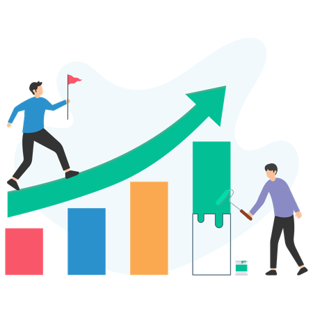 Businessman walking upward trend while another businessman painting growth chart  Illustration