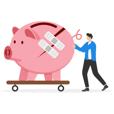 Businessman walking with bandage repaired pink piggy bank  Illustration