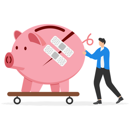 Businessman walking with bandage repaired pink piggy bank  Illustration