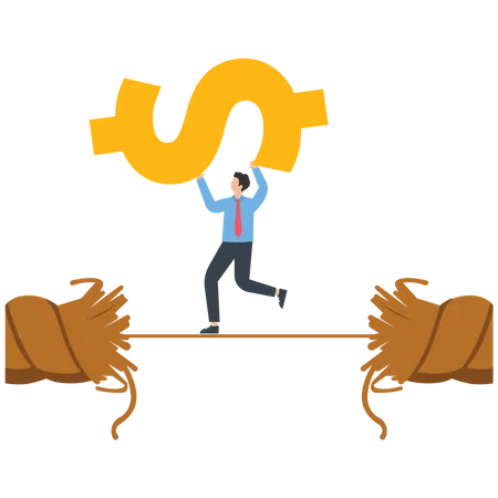 Businessman walking with dollar on broken rope  Illustration