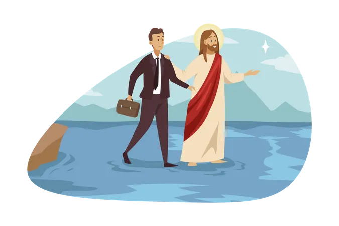 Businessman walking with jesus  Illustration