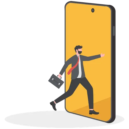 Connection Technology Addiction Symbol Of Social Media Businessman Walks Into The Phone Screen Illustration