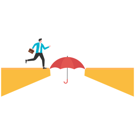 Businessman walks off cliff and stands on umbrella on edge of cliff  Illustration