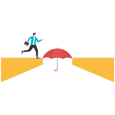 Businessman walks off cliff and stands on umbrella on edge of cliff  Illustration