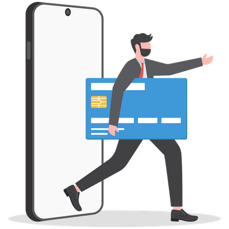 Businessman walks out of cell phone holding bank credit card  Illustration