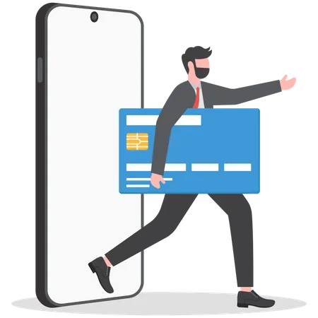 Businessman walks out of cell phone holding bank credit card  Illustration