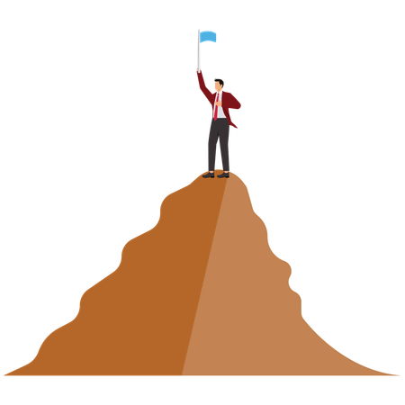 Businessman walks to the victory flag on the top of the mountain  Illustration