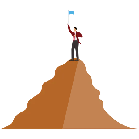 Businessman walks to the victory flag on the top of the mountain  Illustration
