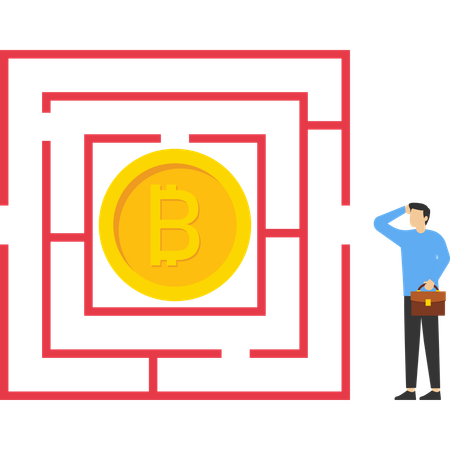 Businessman wanting to enter bitcoin maze  Illustration