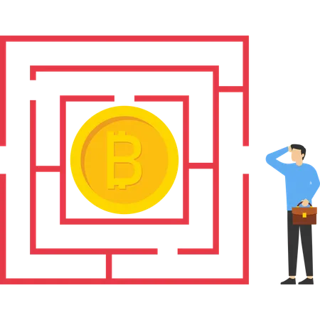 Businessman wanting to enter bitcoin maze  Illustration