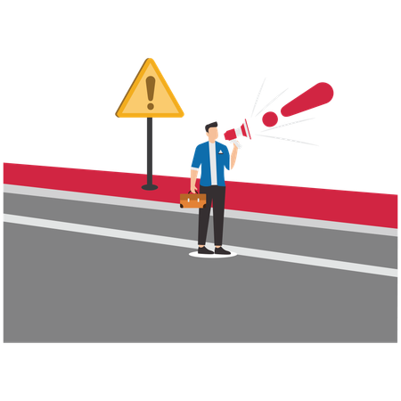 Businessman warns at road danger  Illustration