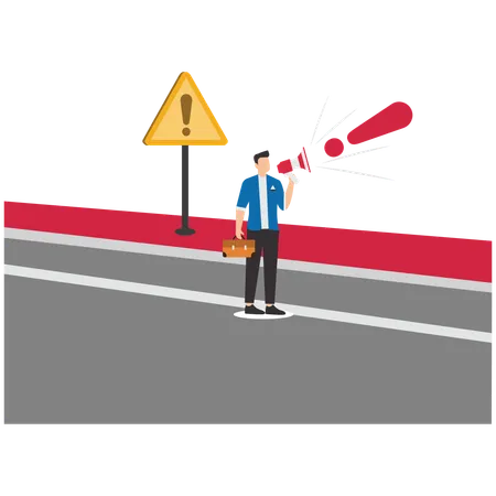 Businessman warns at road danger  Illustration