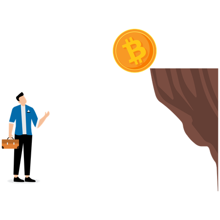 Businessman watching bitcoin falling from cliff  Illustration