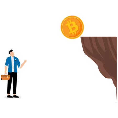 Businessman watching bitcoin falling from cliff  Illustration