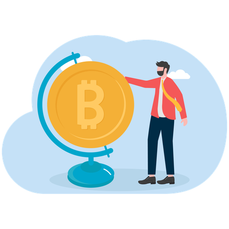 Businessman watching bitcoin globe  Illustration