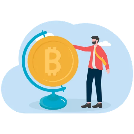 Businessman watching bitcoin globe  Illustration