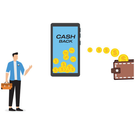 Businessman watching cash back promotion on smartphone  Illustration