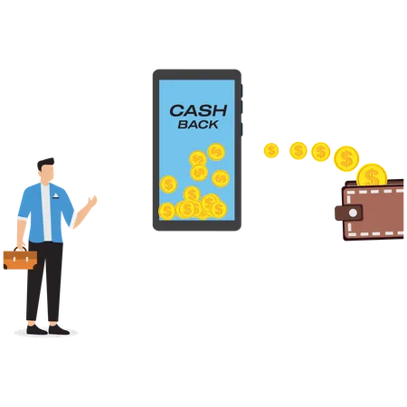 Businessman watching cash back promotion on smartphone  Illustration