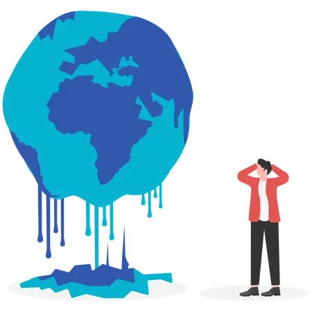 Businessman watching global warming while earth melting  Illustration