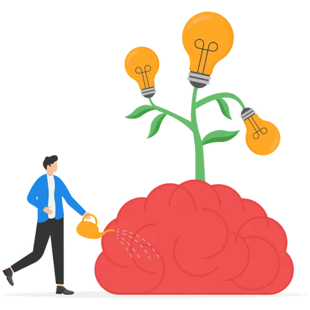 Businessman water the plants big brain for growth mindset  Illustration