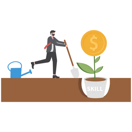 Businessman watering a money tree with skills performance growth work  Illustration