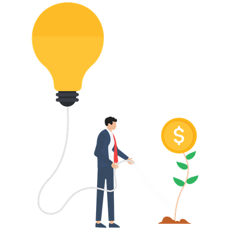 Businessman watering a tree of money with idea  Illustration