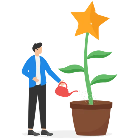 Improving Work Quality Strive To Deliver Exceptional Result Consistently Being Professional With Excellence Concept Businessman Watering Bright Star Tree To Grow Illustration