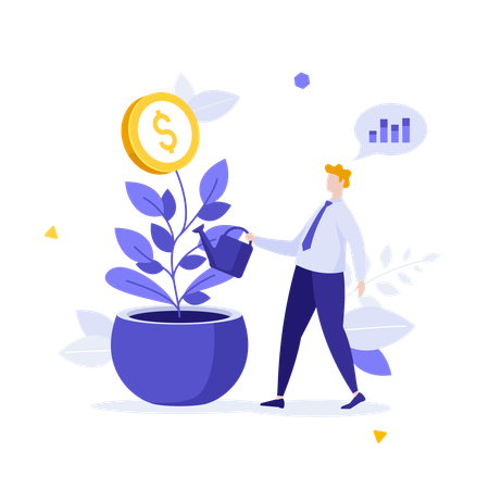 Businessman Watering Coin Plant And Counting Profit  Illustration