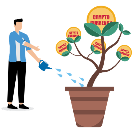 Businessman watering cryptocurrency tree  Illustration