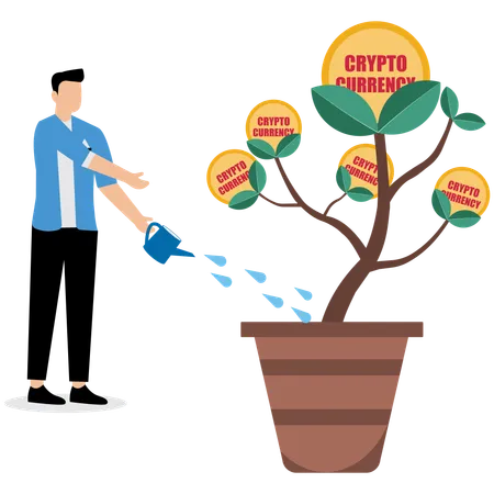 Businessman watering cryptocurrency tree  Illustration