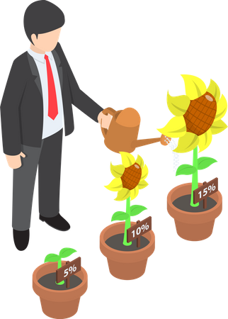 Businessman watering different size of flower plant Illustration