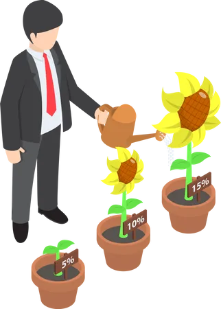 Businessman watering different size of flower plant  Illustration