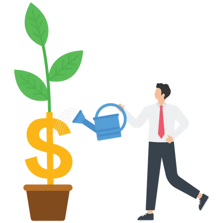 Businessman watering dollar plant  Illustration