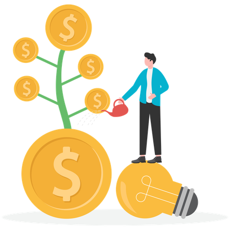 Businessman watering dollar sign plant as investment  Illustration