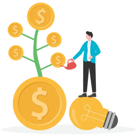 Businessman watering dollar sign plant as investment  Illustration