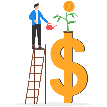 Businessman Watering Growing Seedlings With Dollar Money Coin Flower  Illustration