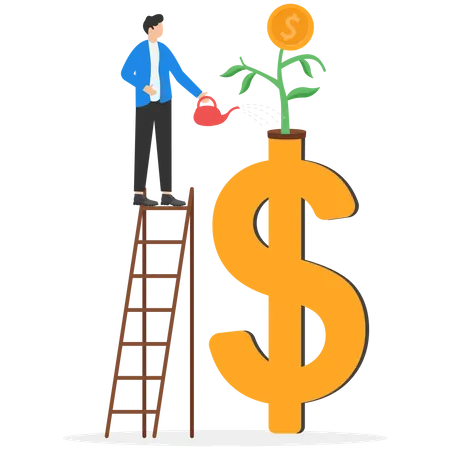Businessman Watering Growing Seedlings With Dollar Money Coin Flower  Illustration
