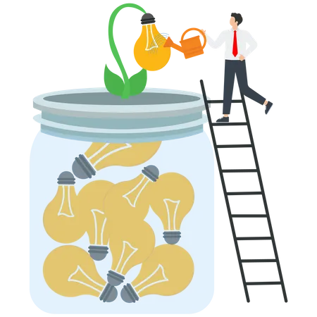 Cultivate Brilliant Ideas Look For New Opportunities For Successful Business Gain New Knowledge Innovate Creative Thinking Or Intelligence To Achieve High Results Man Waters A Jar Of Light Bulbs Vector Illustration