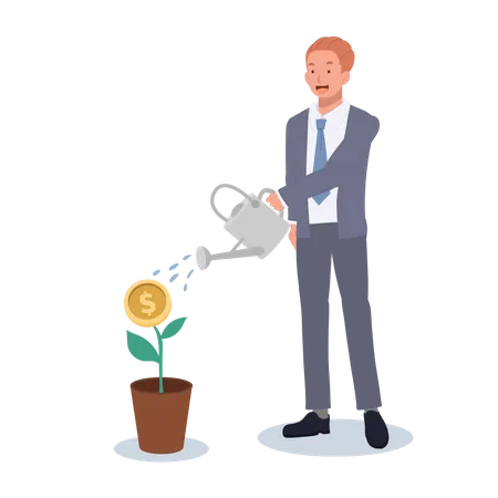 Businessman Is Watering Plant With Dollar Money Coin Flower By Watering Can Profit Investment Concept Vector Illustration Illustration